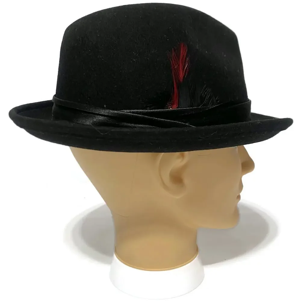 Stacy Adams Wool Felt Hat Black with Small Red Feather Size Medium